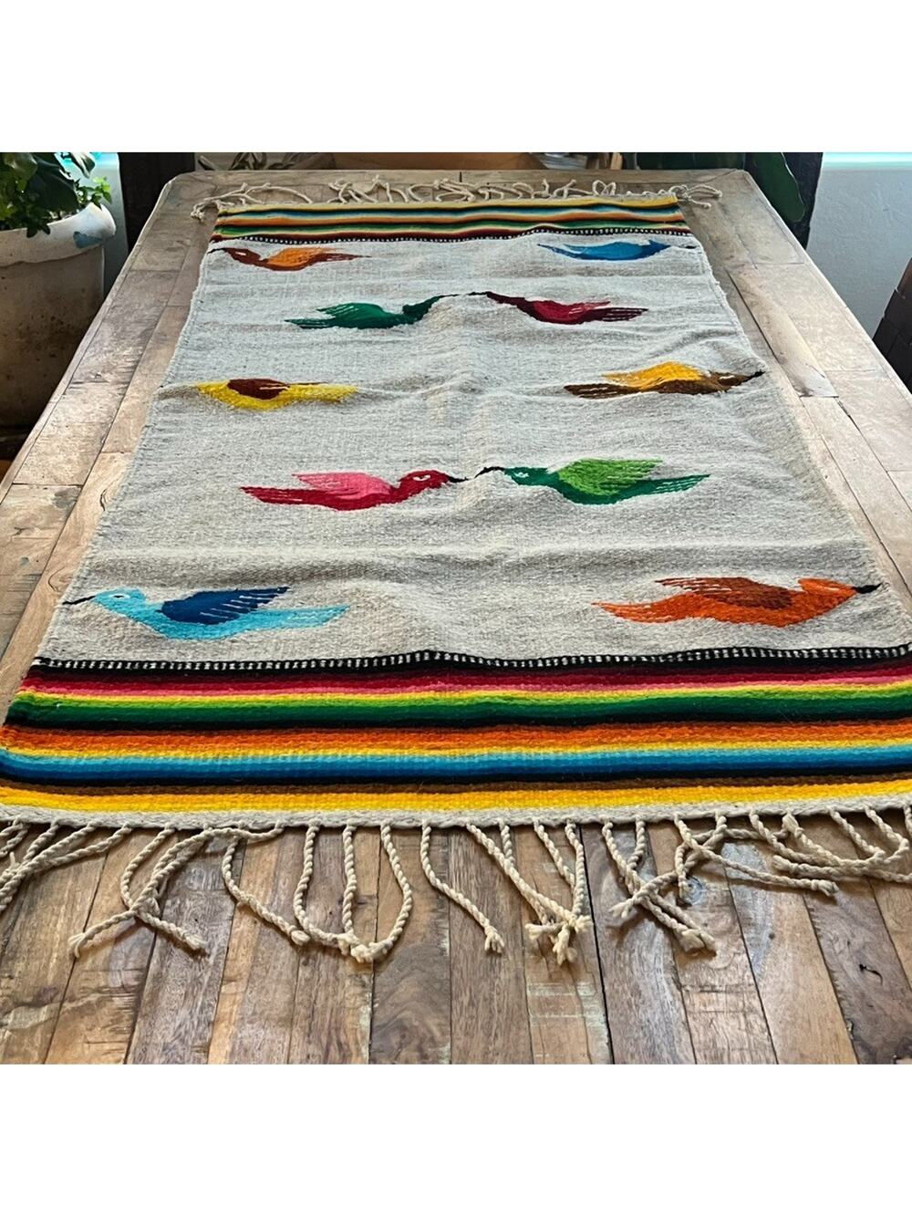Vintage Wall Tapestry Hand Woven Rug 29 x 61" Striped Colorful Birds Tasseled